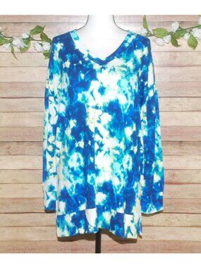 Masseys Blue Tie Dye Stretchy Pullover Tunic Top Size XL Stretch Long Sleeve